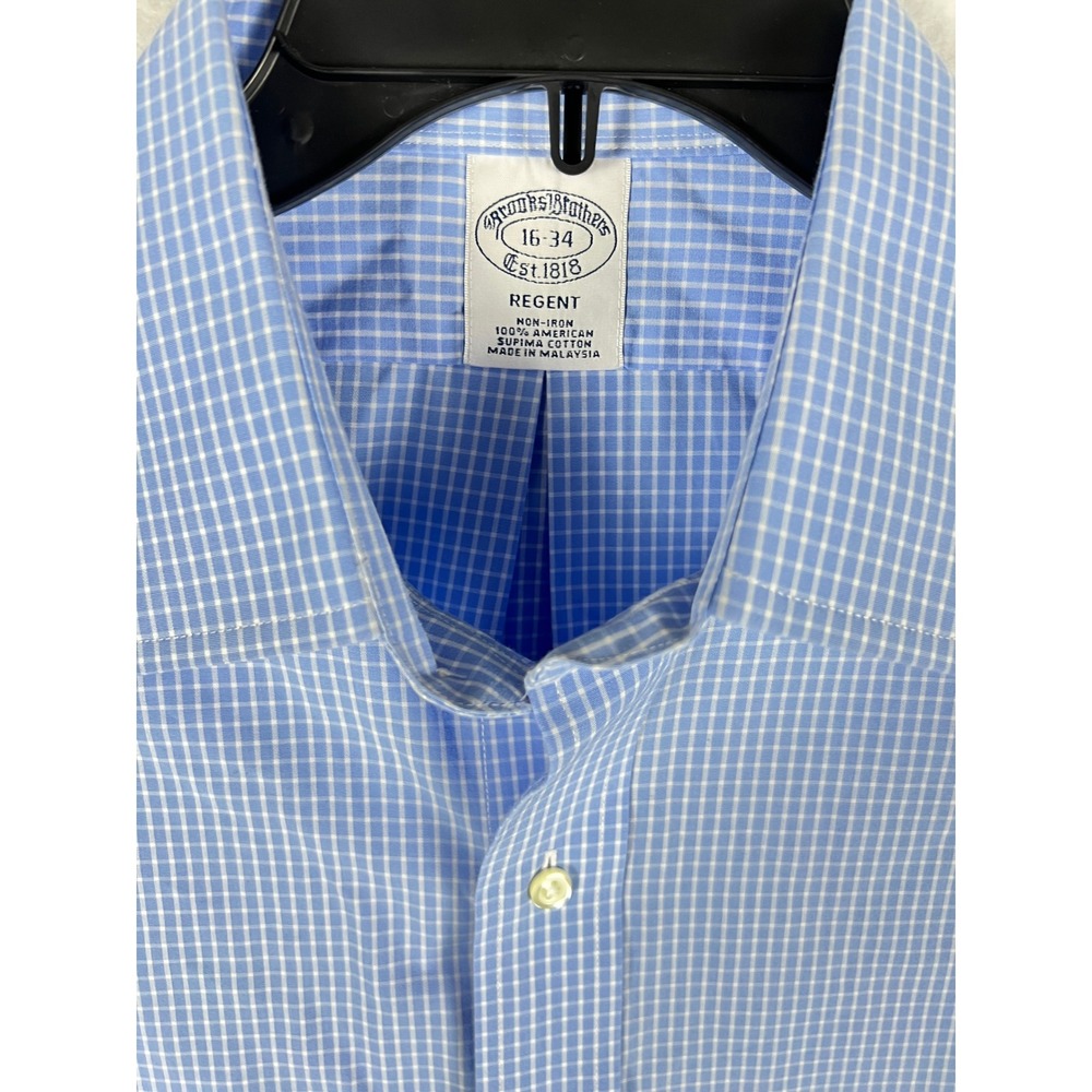 Brooks Brothers Regent Dress Shirt Mens 16-34 Blue Micro Check Non-Iron Cotton
